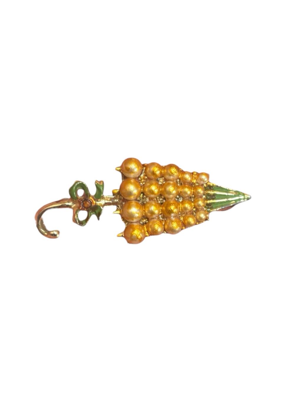 Vintage Umbrella Grapes Brooch Pearl Gold Tone Enamel 1950s Novelty Restored